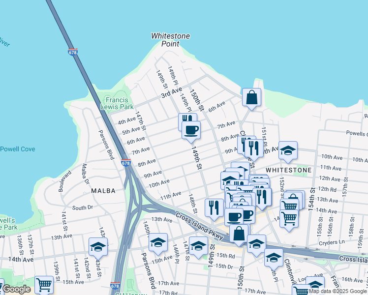 map of restaurants, bars, coffee shops, grocery stores, and more near 7-12 149th Street in Queens