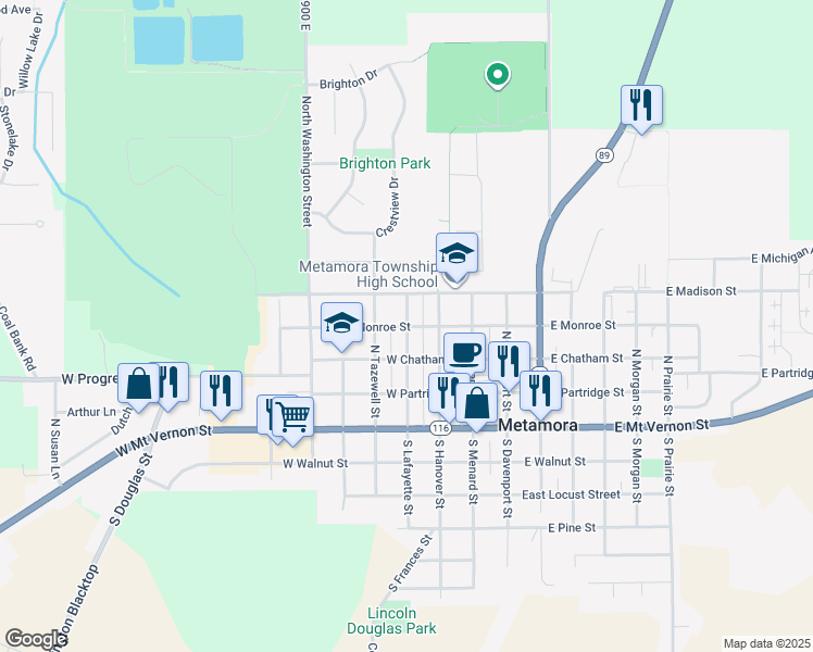 map of restaurants, bars, coffee shops, grocery stores, and more near 400 North Lafayette Street in Metamora