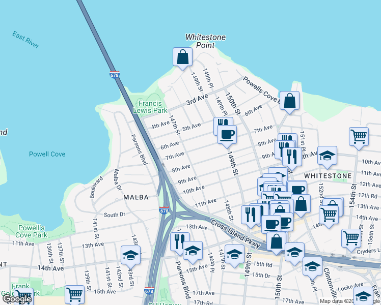 map of restaurants, bars, coffee shops, grocery stores, and more near 7-9 147th Street in Queens