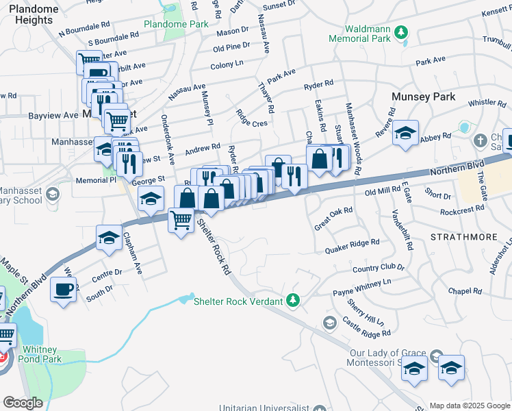 map of restaurants, bars, coffee shops, grocery stores, and more near 40 Rolling Hill Road in Manhasset