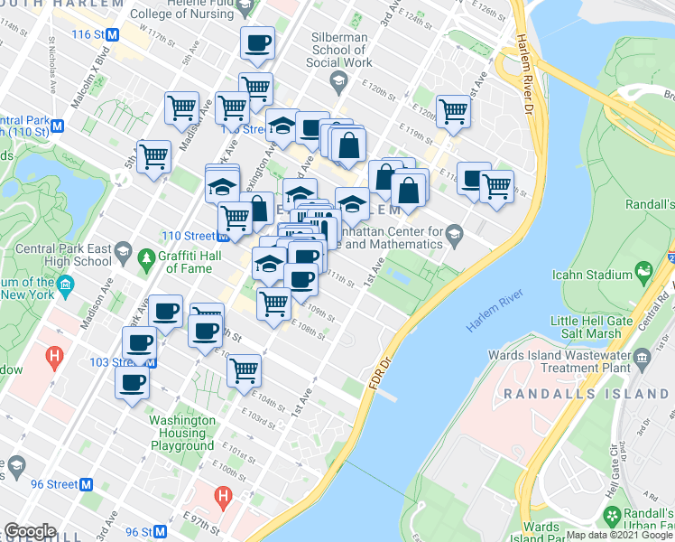map of restaurants, bars, coffee shops, grocery stores, and more near 317 East 111th Street in New York