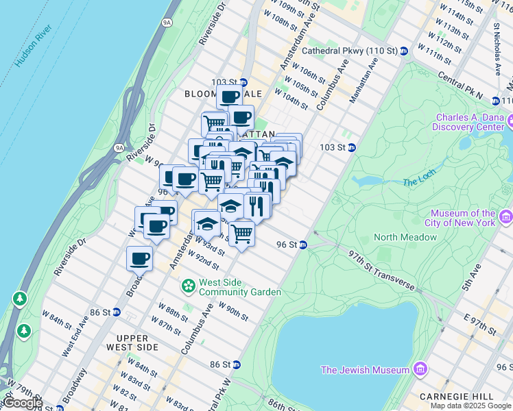 map of restaurants, bars, coffee shops, grocery stores, and more near 750 Columbus Avenue in New York