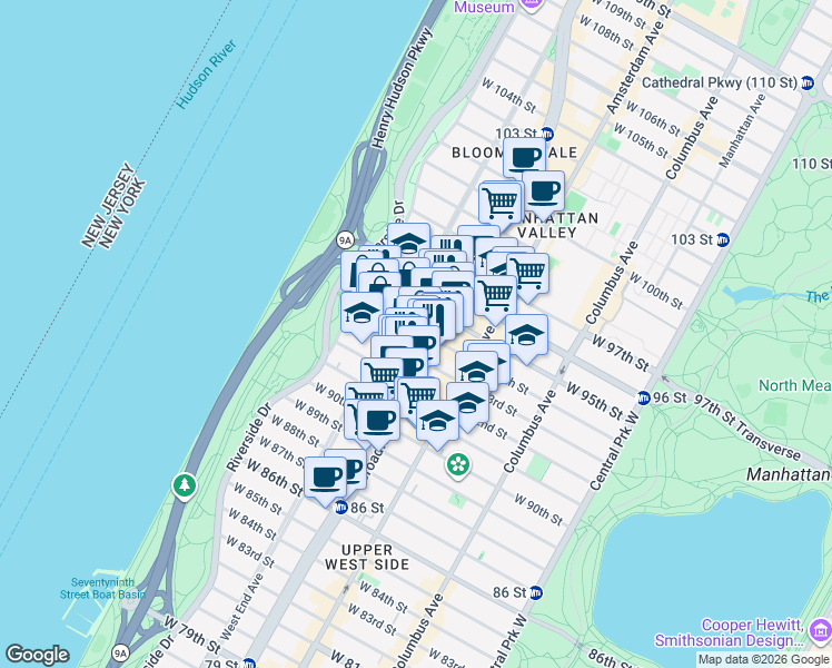map of restaurants, bars, coffee shops, grocery stores, and more near in New York