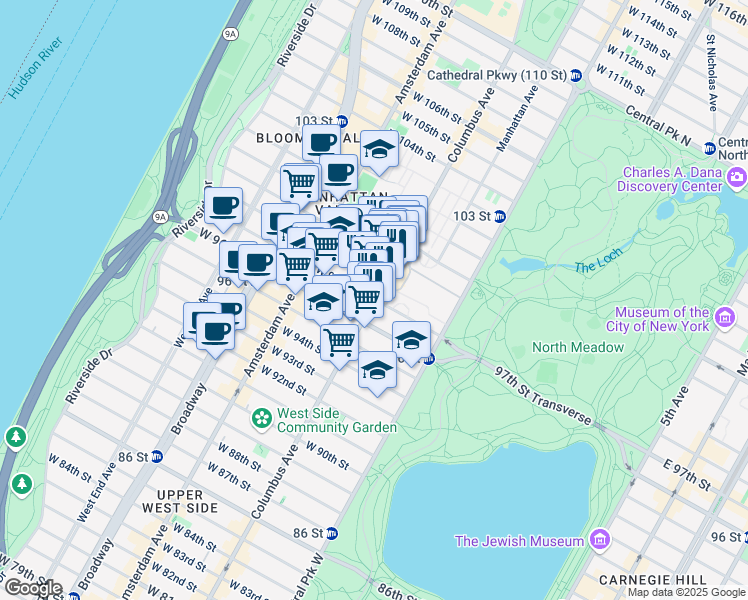 map of restaurants, bars, coffee shops, grocery stores, and more near 100 West 97th Street in New York