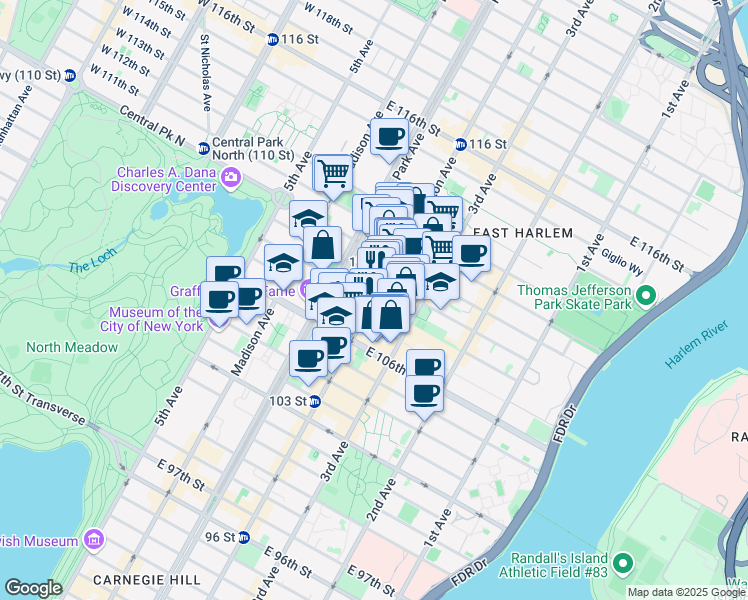 map of restaurants, bars, coffee shops, grocery stores, and more near Lexington Ave & E 108th St in New York