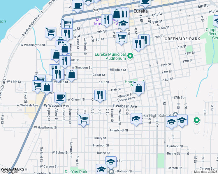 map of restaurants, bars, coffee shops, grocery stores, and more near 1401 C Street in Eureka