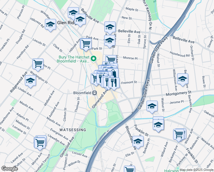 map of restaurants, bars, coffee shops, grocery stores, and more near 23 Broad Street in Bloomfield