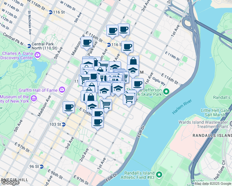 map of restaurants, bars, coffee shops, grocery stores, and more near 236 East 111th Street in New York