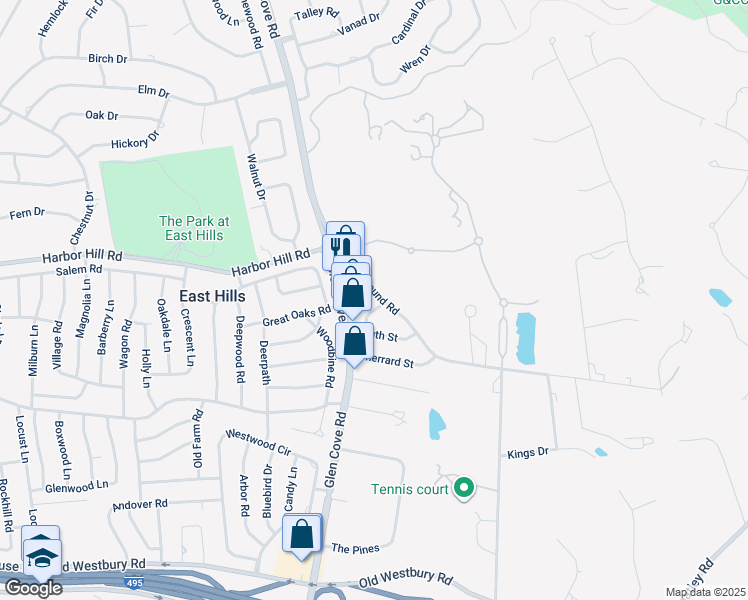 map of restaurants, bars, coffee shops, grocery stores, and more near 49 Red Ground Road in Roslyn Heights