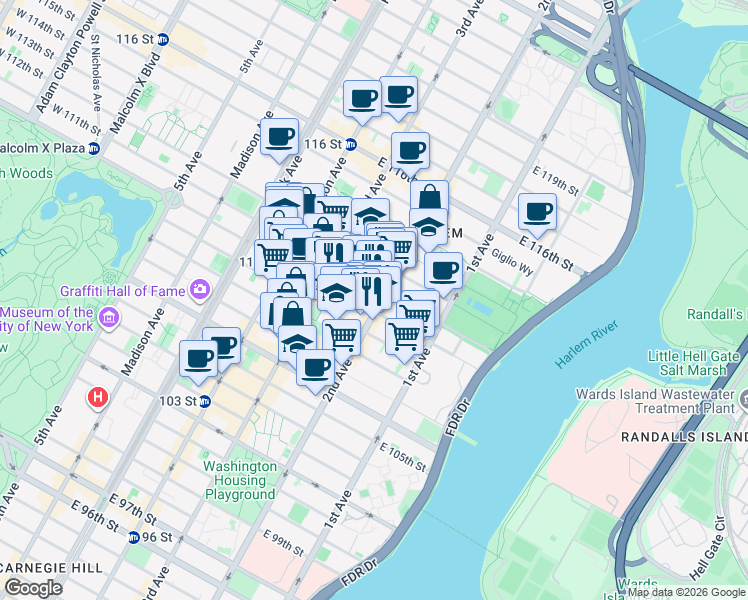 map of restaurants, bars, coffee shops, grocery stores, and more near 236 East 111th Street in New York
