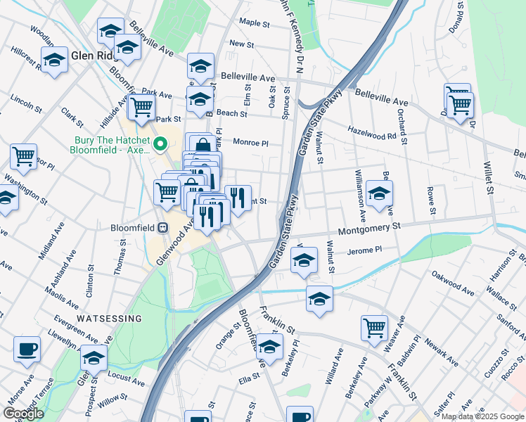 map of restaurants, bars, coffee shops, grocery stores, and more near 39 Oakland Avenue in Bloomfield