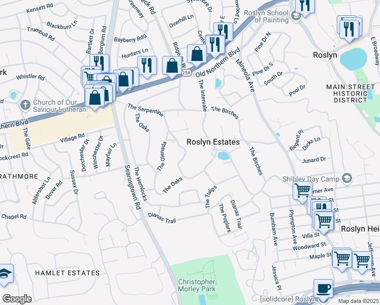 map of restaurants, bars, coffee shops, grocery stores, and more near 51 The Serpentine in Roslyn