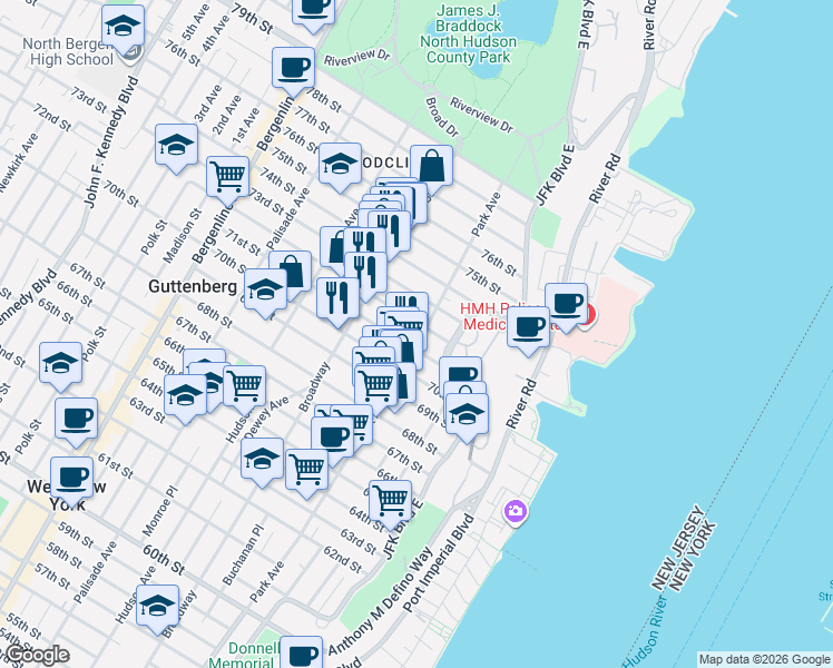map of restaurants, bars, coffee shops, grocery stores, and more near 7117 Park Avenue in North Bergen