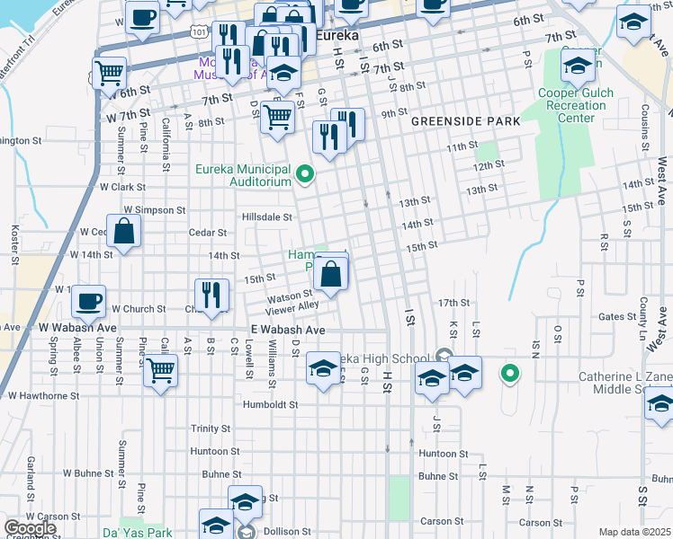 map of restaurants, bars, coffee shops, grocery stores, and more near 1421 F Street in Eureka