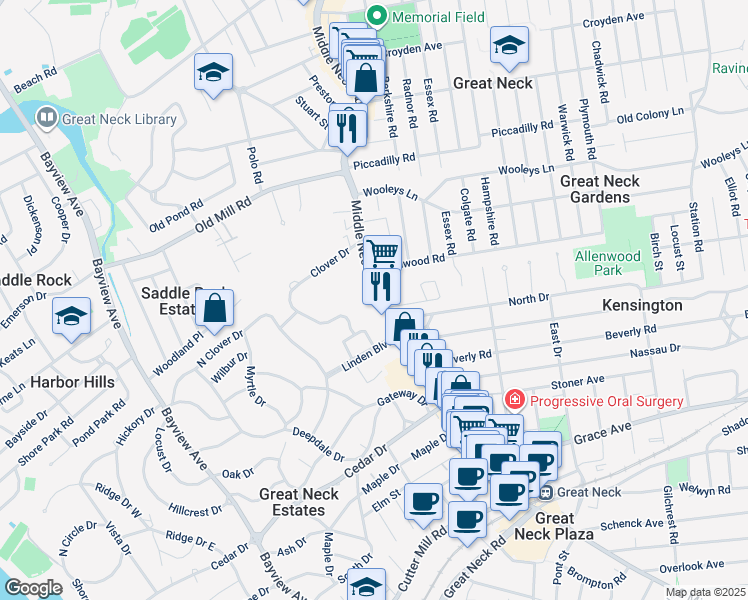 map of restaurants, bars, coffee shops, grocery stores, and more near 208 Middle Neck Road in Great Neck