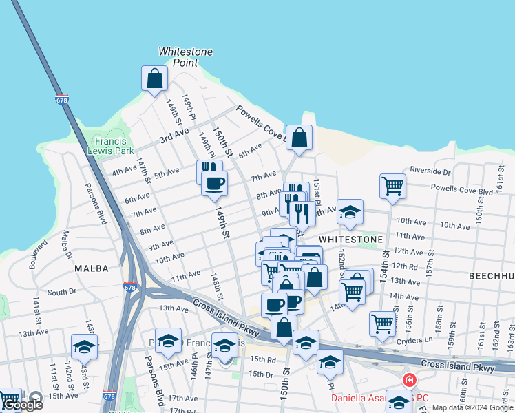 map of restaurants, bars, coffee shops, grocery stores, and more near 22 8th Avenue in Queens