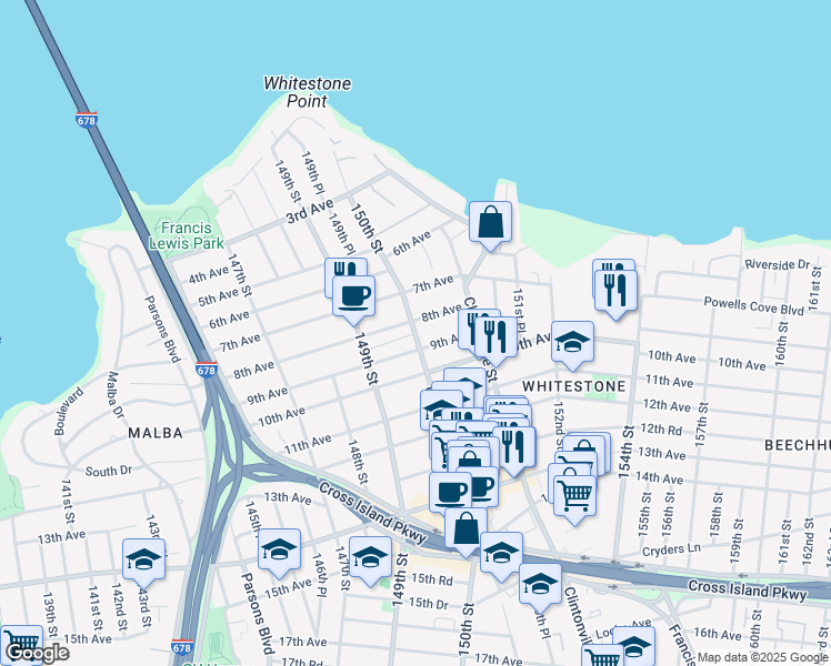 map of restaurants, bars, coffee shops, grocery stores, and more near 22 8th Avenue in Queens