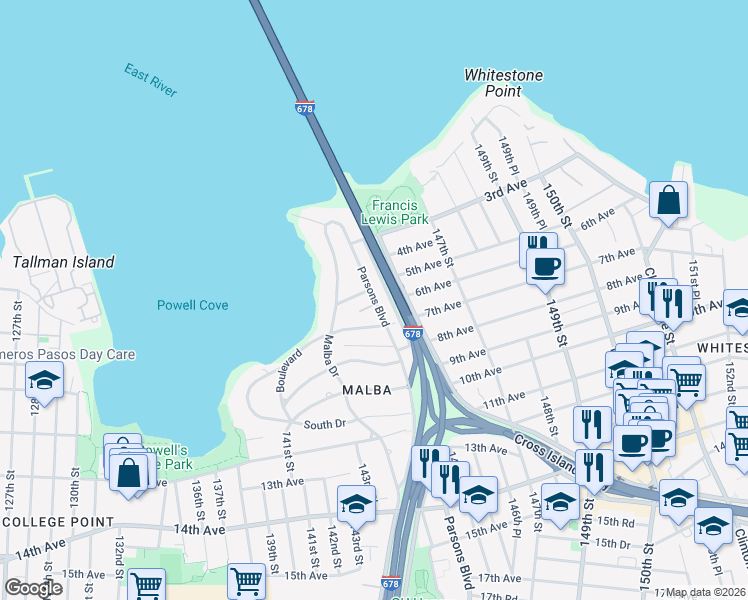 map of restaurants, bars, coffee shops, grocery stores, and more near 501 Parsons Boulevard in Queens