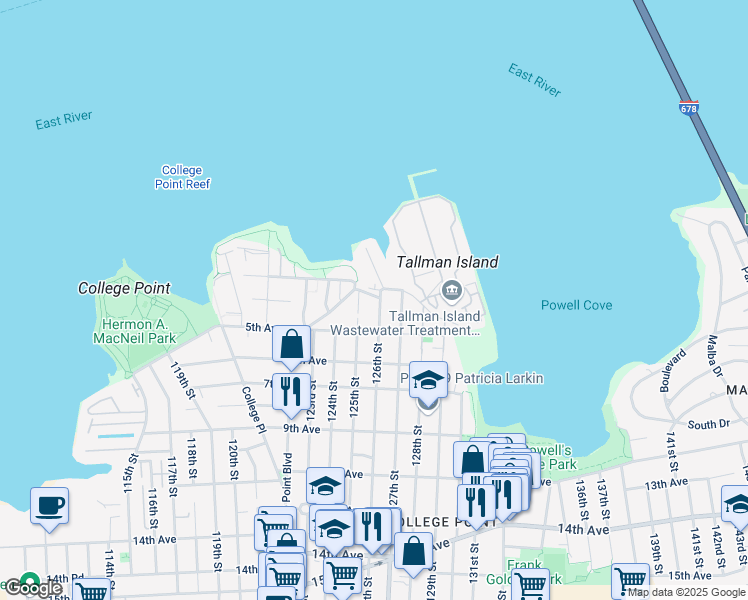 map of restaurants, bars, coffee shops, grocery stores, and more near 12509 Powell's Cove Boulevard in Queens