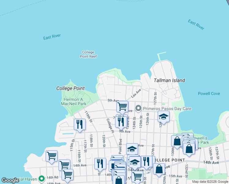 map of restaurants, bars, coffee shops, grocery stores, and more near 314 Capstan Court in Queens