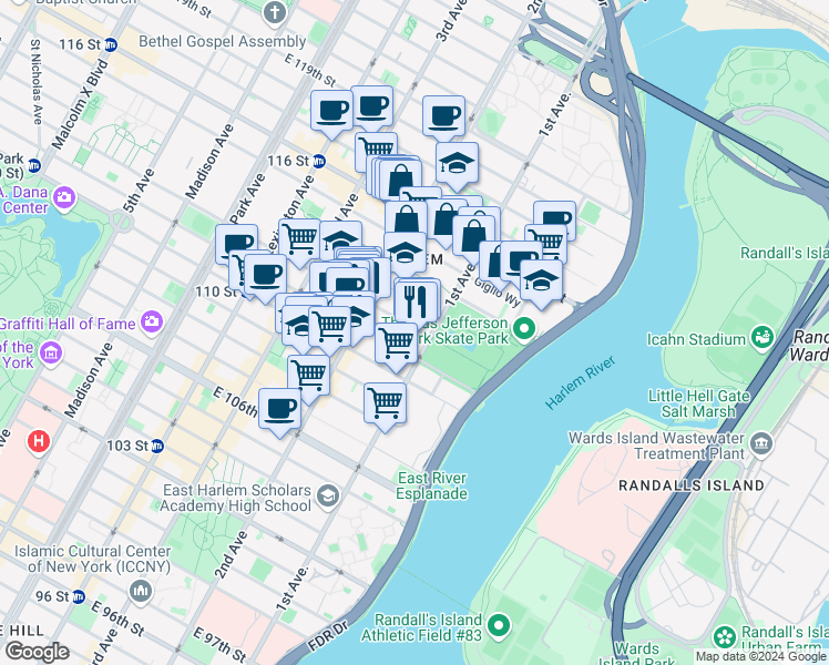 map of restaurants, bars, coffee shops, grocery stores, and more near 337 East 112th Street in New York