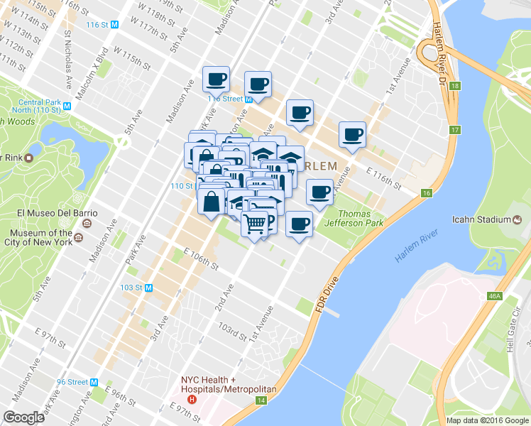 map of restaurants, bars, coffee shops, grocery stores, and more near 236 East 111th Street in New York