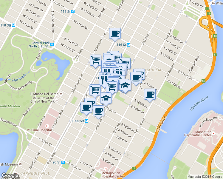 map of restaurants, bars, coffee shops, grocery stores, and more near 169 East 109th Street in New York