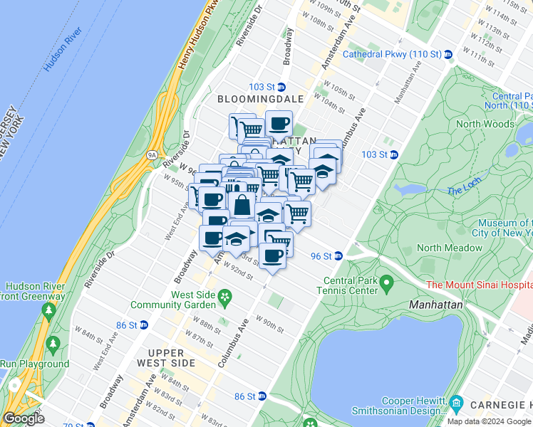 map of restaurants, bars, coffee shops, grocery stores, and more near 743 Amsterdam Avenue in New York