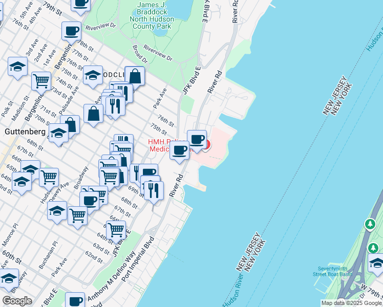 map of restaurants, bars, coffee shops, grocery stores, and more near 7440 Boulevard East in North Bergen