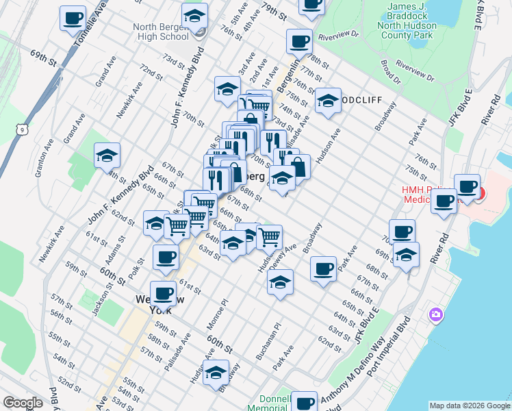 map of restaurants, bars, coffee shops, grocery stores, and more near 340 68th Street in Guttenberg