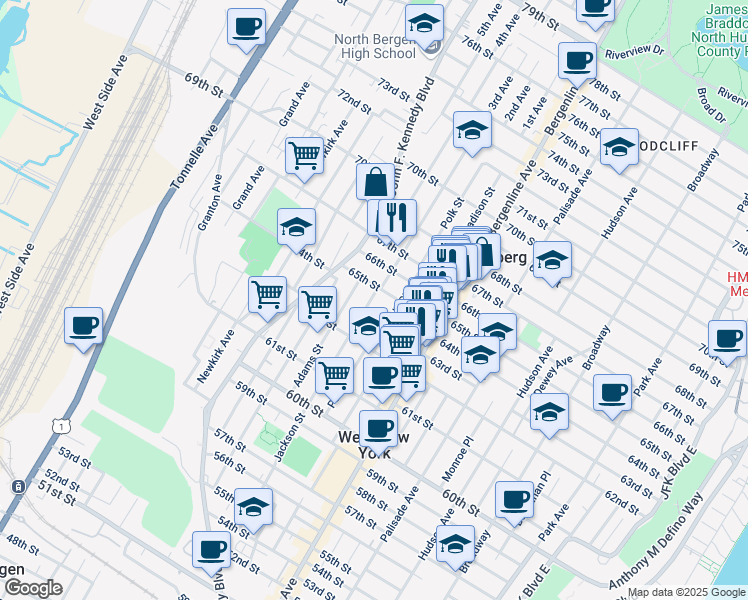 map of restaurants, bars, coffee shops, grocery stores, and more near 581 65th Street in West New York