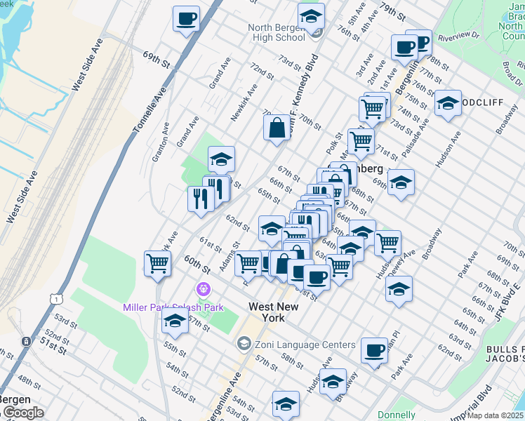 map of restaurants, bars, coffee shops, grocery stores, and more near 6312 Jefferson Street in West New York
