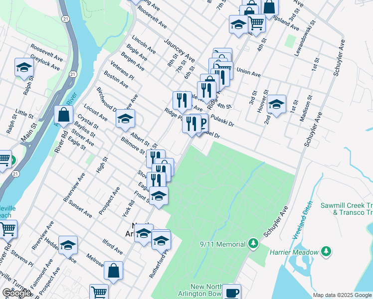 map of restaurants, bars, coffee shops, grocery stores, and more near 425 Ridge Road in North Arlington