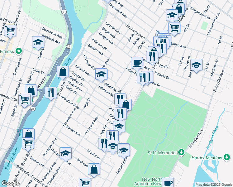 map of restaurants, bars, coffee shops, grocery stores, and more near 106 Albert Street in North Arlington