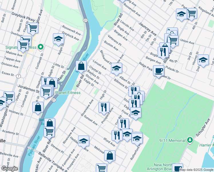 map of restaurants, bars, coffee shops, grocery stores, and more near 201 Crystal Street in North Arlington