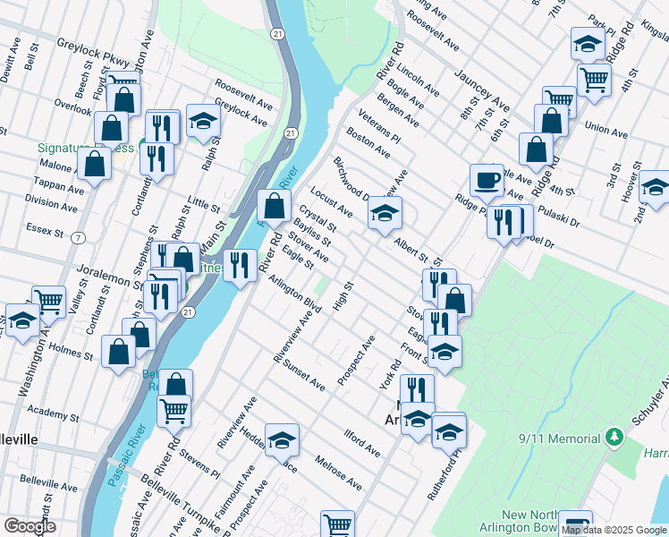 map of restaurants, bars, coffee shops, grocery stores, and more near 244 Stover Avenue in North Arlington