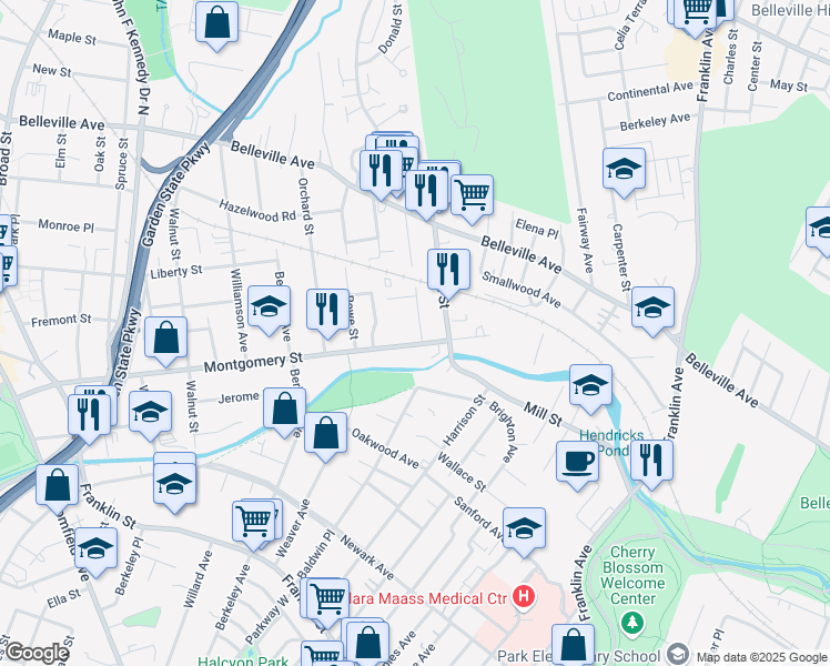 map of restaurants, bars, coffee shops, grocery stores, and more near 21 John Street in Bloomfield
