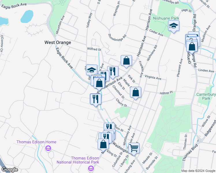 map of restaurants, bars, coffee shops, grocery stores, and more near 85 Harrison Avenue in West Orange