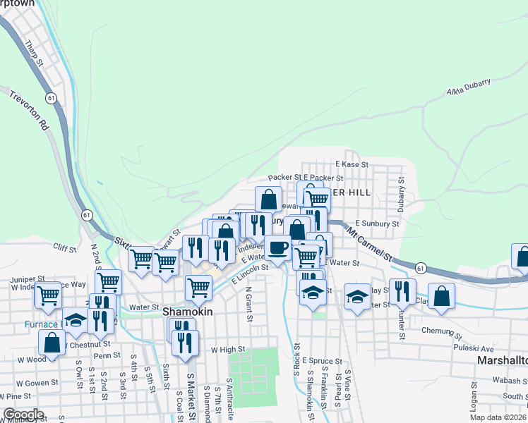 map of restaurants, bars, coffee shops, grocery stores, and more near 183 East Dewart Street in Shamokin