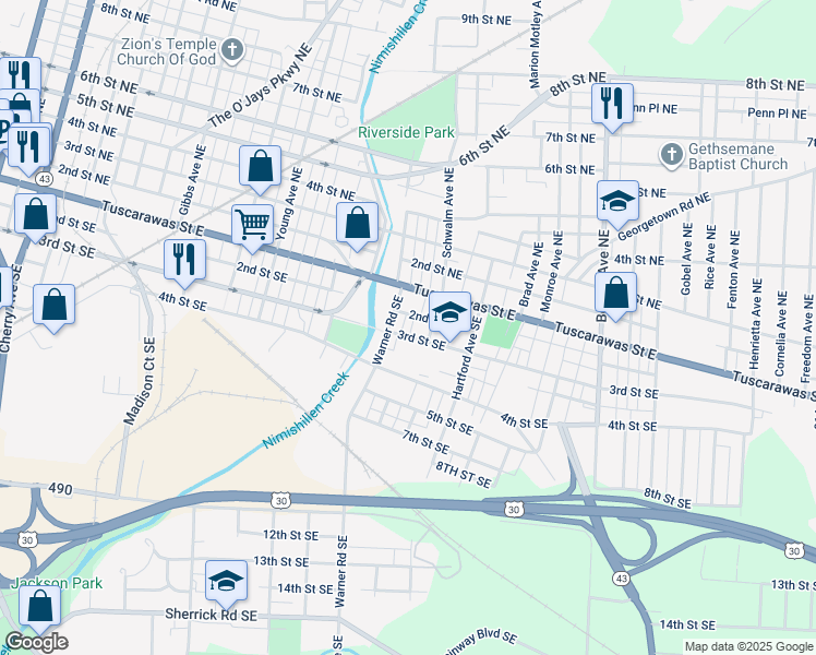 map of restaurants, bars, coffee shops, grocery stores, and more near 206 Warner Road Southeast in Canton