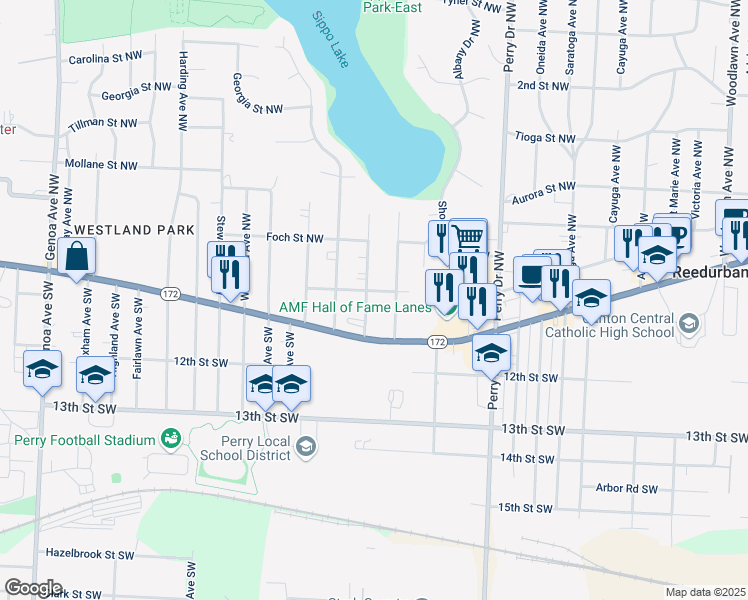 map of restaurants, bars, coffee shops, grocery stores, and more near 202 Pershing Avenue Northwest in Massillon