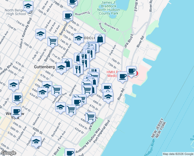 map of restaurants, bars, coffee shops, grocery stores, and more near 7203 Park Avenue in North Bergen