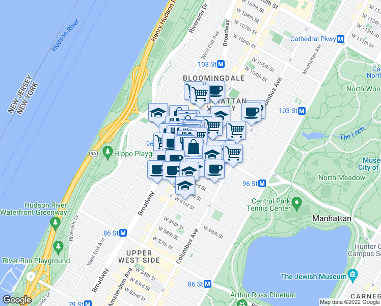map of restaurants, bars, coffee shops, grocery stores, and more near 202 West 96th Street in New York