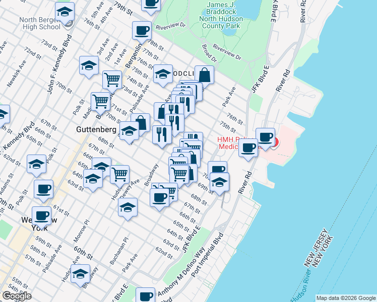 map of restaurants, bars, coffee shops, grocery stores, and more near in Hudson County