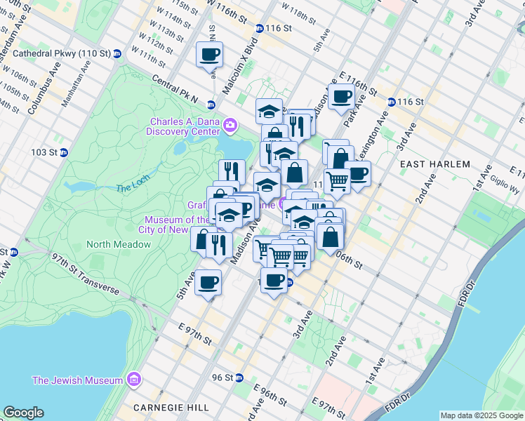 map of restaurants, bars, coffee shops, grocery stores, and more near Madison Avenue & East 106th Street in New York