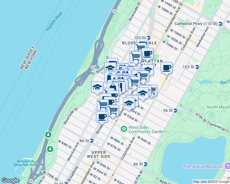 map of restaurants, bars, coffee shops, grocery stores, and more near 2522 Broadway in New York