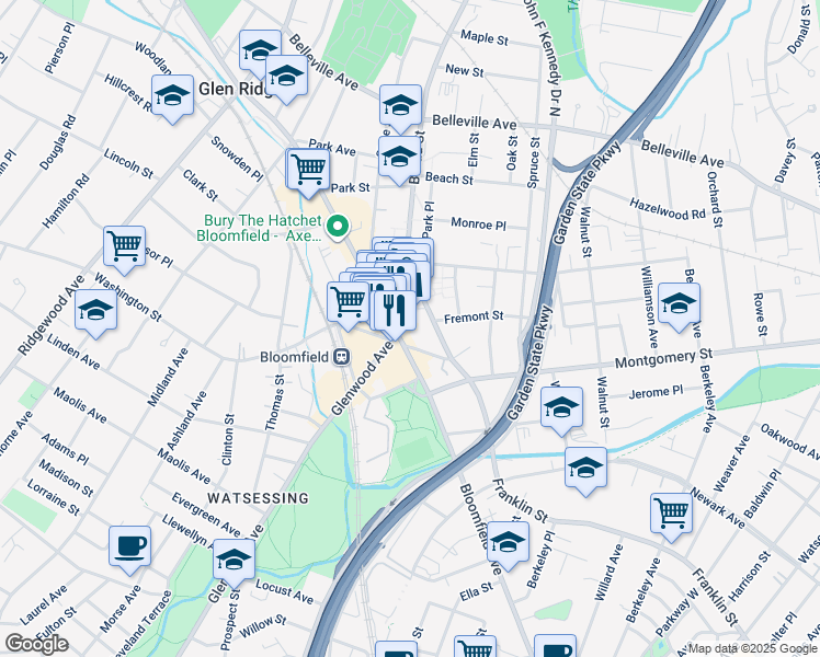 map of restaurants, bars, coffee shops, grocery stores, and more near 23 Broad Street in Bloomfield