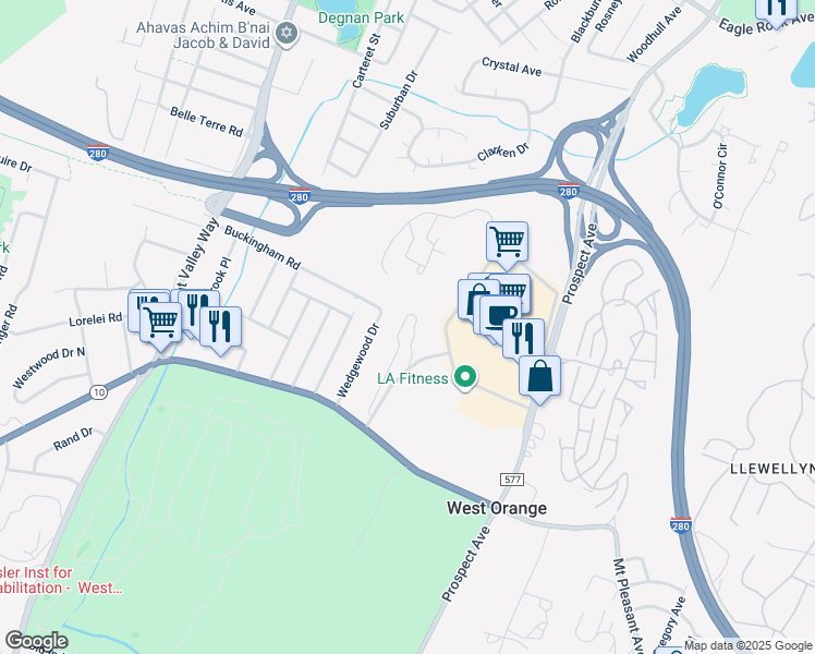 map of restaurants, bars, coffee shops, grocery stores, and more near 325 Mount Pleasant Avenue in West Orange