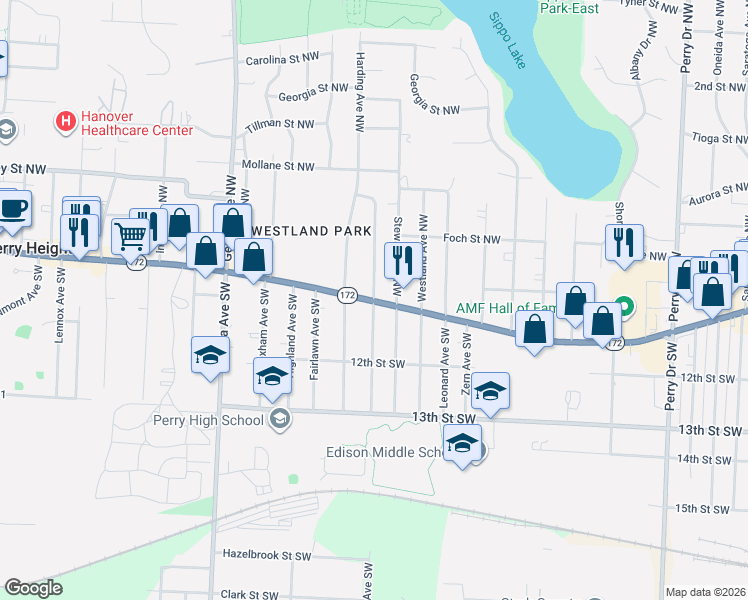 map of restaurants, bars, coffee shops, grocery stores, and more near 3910 Lincoln Way East in Massillon