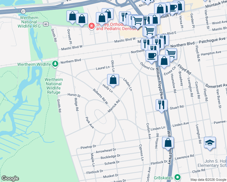 map of restaurants, bars, coffee shops, grocery stores, and more near 25 Holly Lane in Shirley